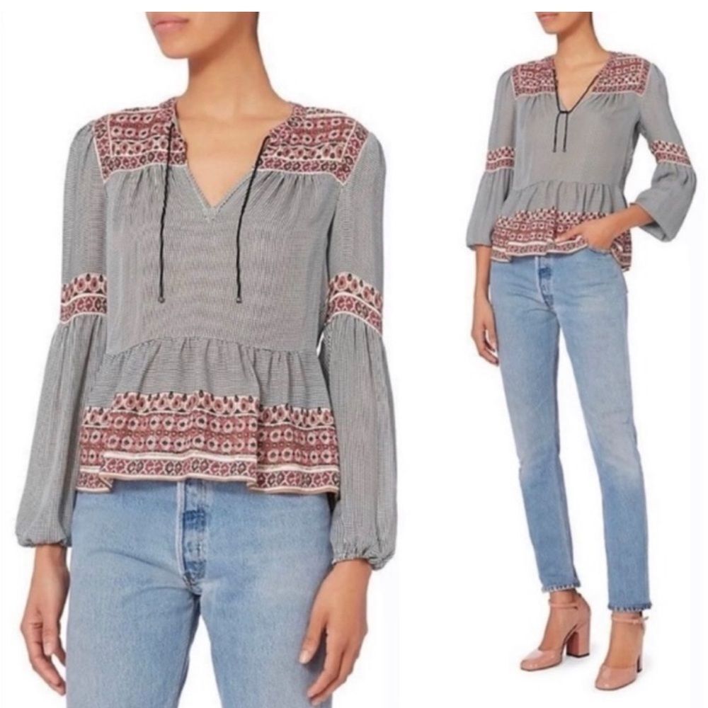 VERONICA BEARD Rosie Silk Gingham Boho Blouse Peplum Top 8 M NEW $395